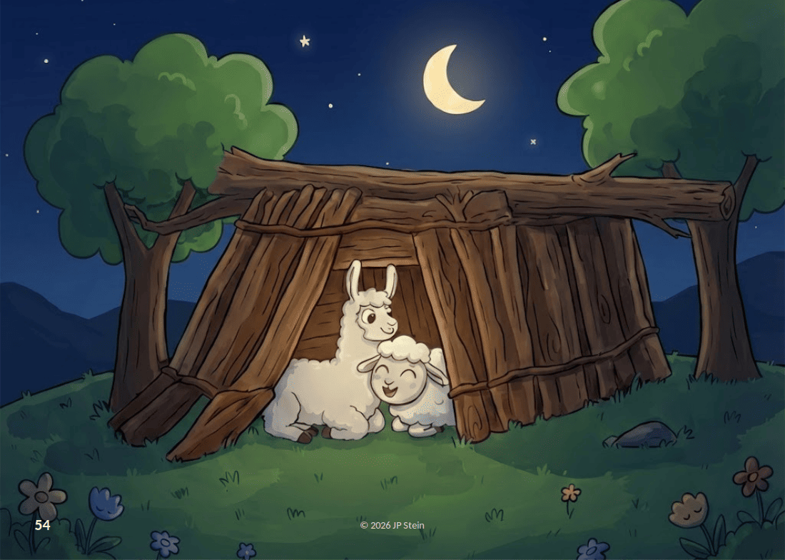 Illustration: Kati und Freunde in der Hütte bei Nacht