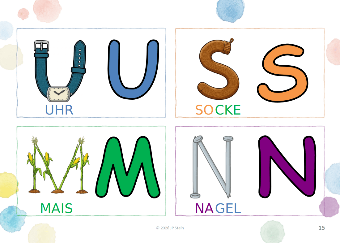 Buchseite: Buchstaben U, S, M und N mit Bildern (Uhr, Socke, Mais, Nagel)